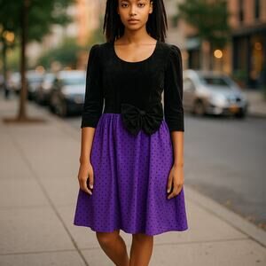 KWAI VINTAGE BLACK VELVET DRESS WITH BOW SIZE 14